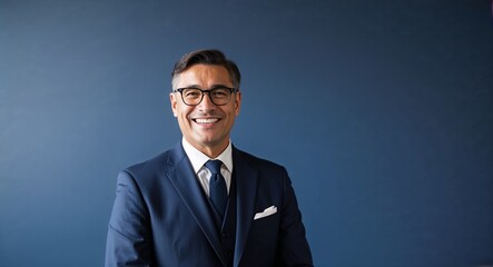 Cheerful middleaged Hispanic man with glasses wearing formal suit on plain navy blue background