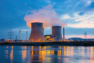 Fototapeta premium A large industrial power plant with visible smoke emitting from the stacks, suitable for use in illustrations about energy production or environmental issues