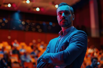 A person standing in front of a group of people, possibly giving a speech or presentation