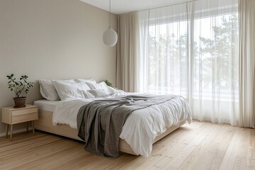 Minimalist, A modern house bedroom interior with a combination of Scandinavian interiors and mid-century modern interiors. Generative AI