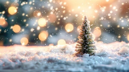 A small Christmas tree sits atop a snow-covered ground, perfect for winter scenes and holiday decorations