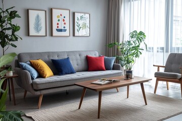 Took a living room photo of a Scandinavian interior with an art frame hanging and a mid-century modern interior combination. Generative AI
