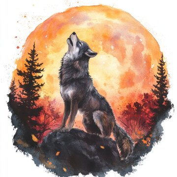 Wolf howling at an orange moon