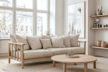 Photograph of a combination of modern Scandinavian interiors and mid-century modern interiors in a living room with a comfortable sofa. Generative AI
