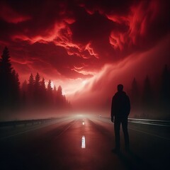 A lone silhouette stands on a misty road beneath a sky filled with ominous red clouds. The intense atmosphere and foggy surroundings create a surreal and haunting scene, evoking themes of mystery