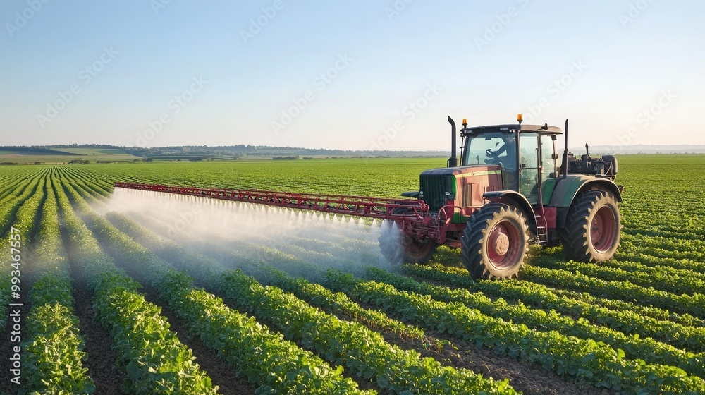 Canvas Prints Agricultural tractor spraying pesticides on a farm field, visible droplets forming as it moves through the crops.