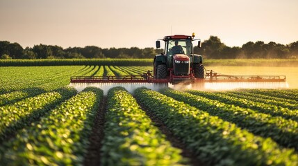 Fototapeta premium Agricultural tractor spraying pesticides on a farm field, visible droplets forming as it moves through the crops.