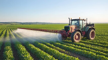 Fototapeta premium Agricultural tractor spraying pesticides on a farm field, visible droplets forming as it moves through the crops.