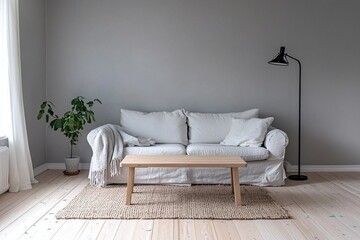 Photograph of a combination of modern Scandinavian interiors and mid-century modern interiors in a living room with a comfortable sofa. Generative AI
