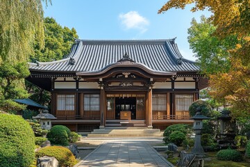 Traditional japanese buddhist temple building surrounded by a tranquil garden