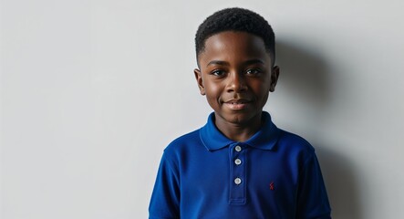 Obraz premium Confident young Black boy with short hair wearing polo shirt on plain white background