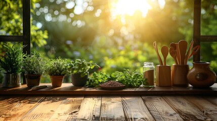 Kitchen wooden utensils and tool on wooden table top and blurred green garden outside the window background. Space for products and objects 