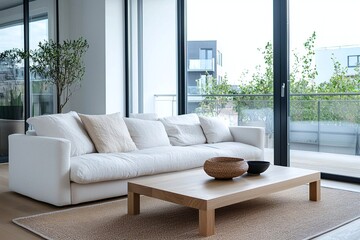 Fototapeta premium Photograph of a combination of modern Scandinavian interiors and mid-century modern interiors in a living room with a comfortable sofa. Generative AI 