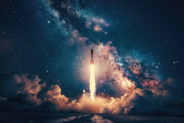 Obraz premium A space shuttle lifting off from the launchpad with smoke and flames behind, suitable for use in space-related concepts or as a visual representation of success