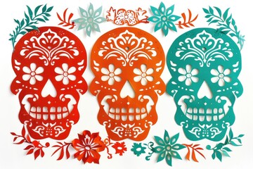 A collection of colorful paper cutouts featuring skulls and flowers