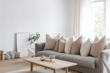 Fototapeta premium Photograph of a combination of modern Scandinavian interiors and mid-century modern interiors in a living room with a comfortable sofa. Generative AI 