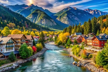 Obraz premium Scenic Leavenworth Washington Landscape with Mountains, River, and Charming Bavarian Architecture