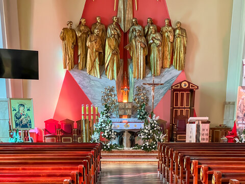 Brzesko, Poland August 7, 2024: Interior of the Church of Our Lady Mother of the Church and St. James the Apostle in Brzesko, Poland. Sanctuary of St. James the Elder on the Via Regia Road