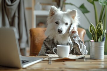 A playful white dog sits at a table, using a cell phone to make a call or send a message