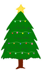 Illustration of a green Christmas tree, beautifully decorated in various colors.