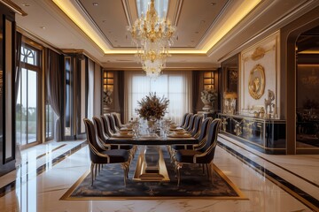 Luxury Dinner Hall with Ornate Chandeliers - Made with Generative AI