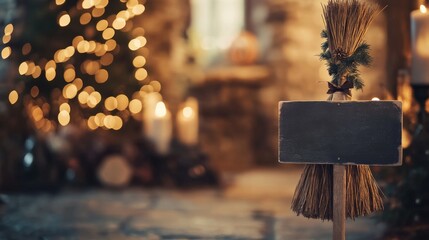 An empty scene featuring a blurred background with soft-focus witchâ€™s brooms and a blank signpost, creating an ideal product mockup space, 