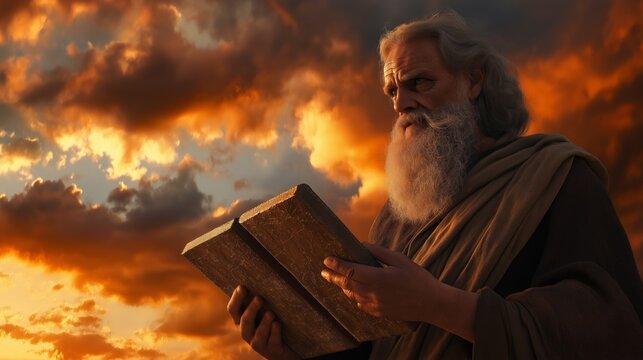 Biblical Moses, photo realistic, with larger ten commandment stone tablets