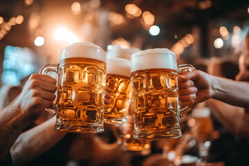 A group of friends clinking large beer steins, surrounded by Oktoberfest decorations