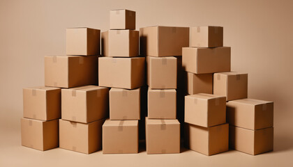 Pile boîtes cartons emballages marrons mur. Envoi expédition commande déménagement. Fond beige élément isolés.