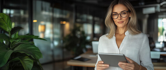 Latin mature adult professional business woman looking at online trade app. European businesswoman CEO holding digital tablet using tab application standing at workplace in office. Banner, copy space