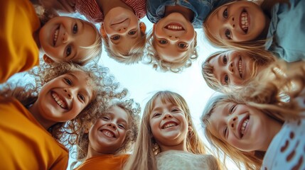 Bunch of cheerful joyful cute little children playing together and having fun. Group portrait of happy kids huddling