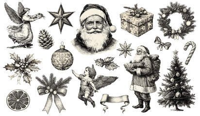 set of christmas elements vintage illustration isolated on transparent background