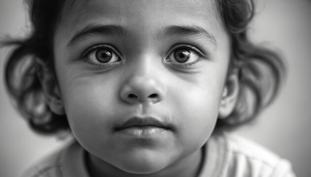 Portrait noir et blanc visage enfant photographie &eacute;motion expression pensif intelligent compr&eacute;hensif.