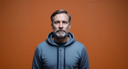Obraz premium Focused middleaged Caucasian man with beard wearing hoodie on plain orange background