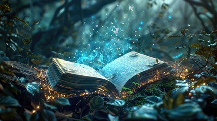 A serene scene of a forest with an open book resting on the grass, perfect for use in educational or inspirational settings