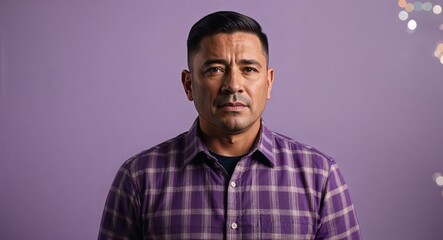 Obraz premium Focused middleaged Hispanic man with short hair wearing plaid shirt on plain lavender background
