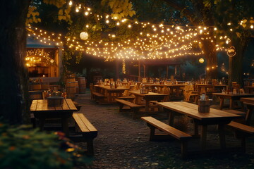 An Oktoberfest beer garden lit by string lights, with wooden tables and benches ready for guests
