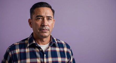 Focused middleaged Hispanic man with short hair wearing plaid shirt on plain lavender background