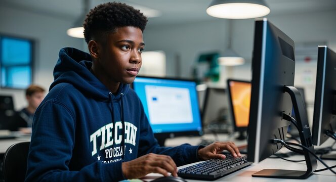 Focused young Black boy wearing a hoodie in a tech lab with computers