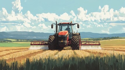 Fototapeta premium Large farming tractor with a pesticide sprayer attachment, dispersing chemicals over a wide expanse of crops in a rural setting.