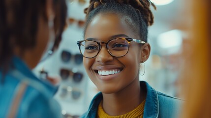 Happy woman chooses new eyewear. Optician offers new design to customer.