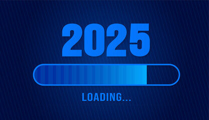 2025 progress loading bar corporate business technology blue color background or banner design template. Happy new year wish blue color loading bar banner design. 