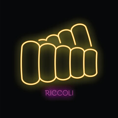 Yellow neon sign depicting italian riccoli pasta, with a vibrant glow against a dark backdrop