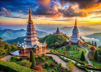 Scenic View of Chiang Mai's Lush Mountains and Traditional Temples Surrounded by Vibrant Nature