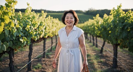 Happy middleaged Asian woman wearing a sundress in a vineyard