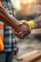 Two men wearing hard hats and high-visibility vests shake hands in front of a busy construction site