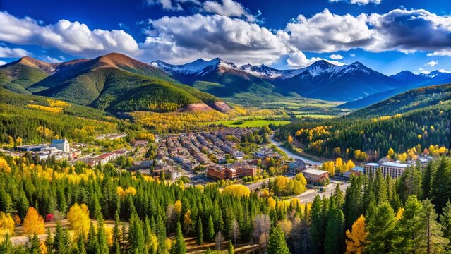 Scenic view of Keystone, Colorado with picturesque mountains, lush forests and clear blue skies