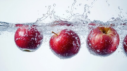 Slow-motion water splash with crisp red apples suspended in air, vivid contrast on a pure white background.