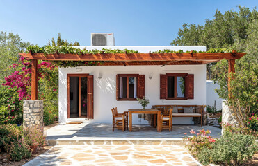 Fototapeta premium a modern Greek-style covered porch with red wooden beams and greenery, a small garden in front of the house
