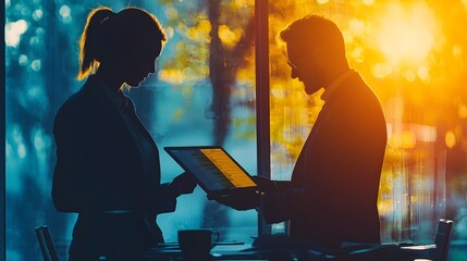 Manager and Coworker Reviewing Digital Tablet Data in Silhouette